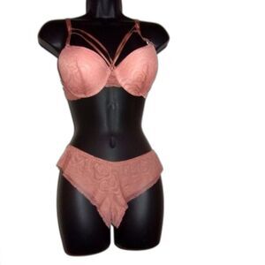Youmita Cork Mesh 34C Push Up Bra w/Front Strap & Medium Coordinating Thong NWT